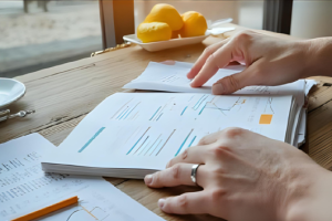 民間借款規劃示意圖，雙手翻閱財務報表與文件，強調申請貸款前先評估自身需求與還款能力的重要性