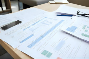 民間借款文件審閱示意圖，桌上擺放多份財務表單與申請資料，強調申請民間貸款前需詳細檢查費用結構與合約條款