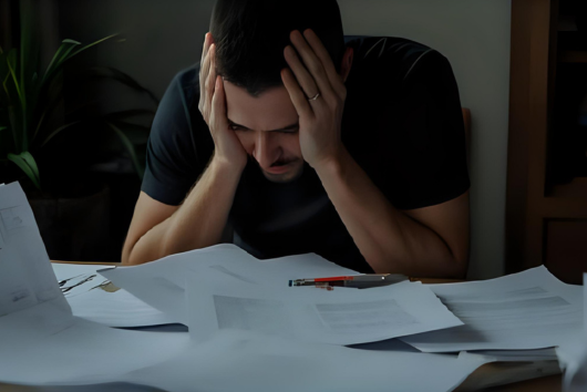 民間貸款壓力示意圖,一名男子在文件堆前感到煩惱,象徵民間借款申請流程繁瑣與高利風險評估的重要性