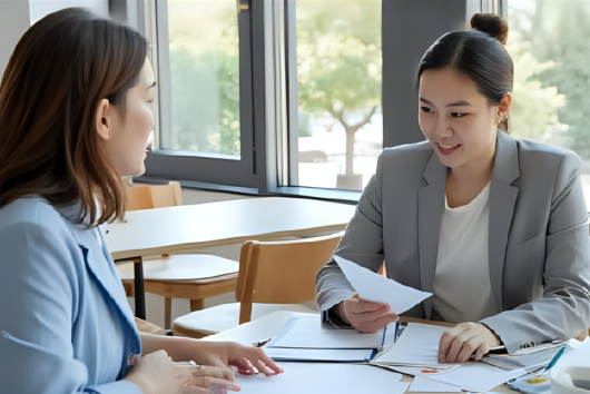 民間貸款諮詢示意圖,兩位女性在審閱貸款資料與文件,象徵民間借款評估利率、聯徵與風險定價的專業說明